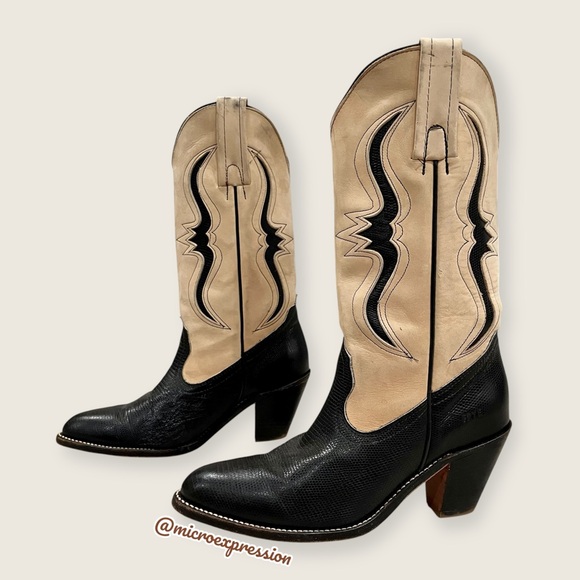 1980s Frye Vintage Black Cream Lizard Cow Leather Pull On Western Cowboy Boot